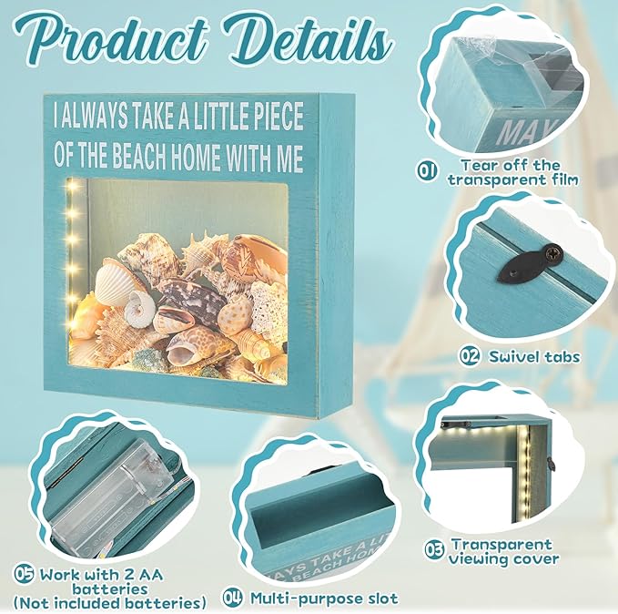 Juexica Seashell Holder with Light Display Box Room Decor Ocean Themed Gifts for Christmas Display Case Sea Shells Beach Coastal Decor Acrylic Wall Hanging (Blue,Beach)