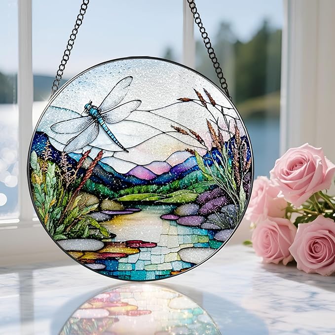 8 Inch Stained Glass Suncatcher Ornament, DOUHASU Dragonfly Sun Catchers Indoor Window, Stained Glass Window Hanging, Home Decor, Dragonfly Lovers Gifts for Her, Women, Mom, Wife