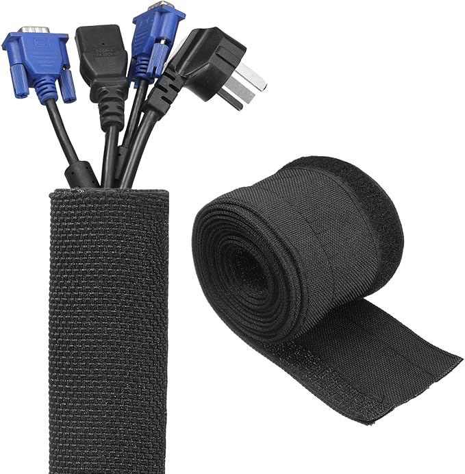 uxcell Hook and Loop Cable Management Sleeve, 10ft x 0.6 Inch Flexible Cable Wrap Cover Wire Hider, Cord Organizer and Cable Protectors for Desk TV Computer, Black