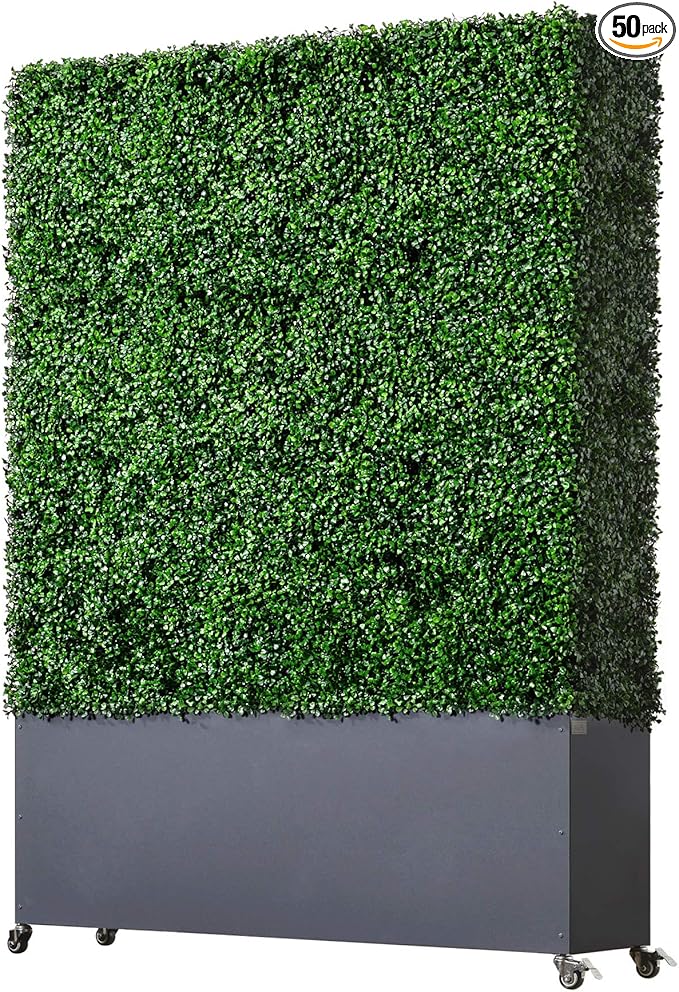 AGPL Artificial Boxwood Hedge Wall with Gray Color Stainless Steel Planter Box and Caster. Moveable Privacy Decorative Wall 48" W x12 D x 67“H …