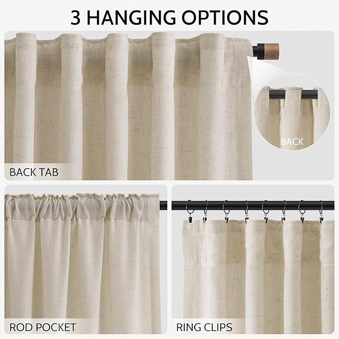 Nanspring Living Room Curtains 63 Inch Length Linen Boho Luxury Light Filtering Semi Sheer Curtain Back Tab and Rod Pocket Eclectic Home Decor Elegant Modern Drapes for Bedroom 52x63, 2 Panels