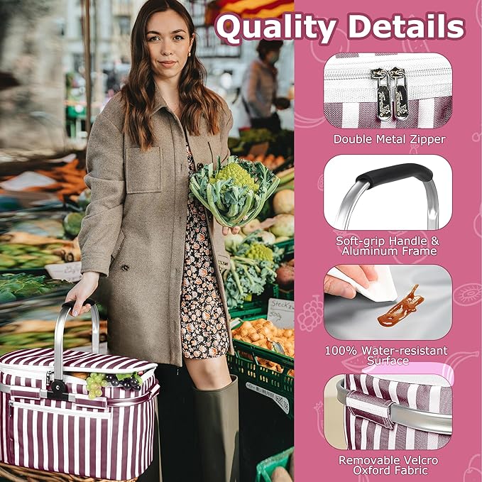 Tirrinia Large Insulated Picnic Basket, 34L Water Resistant & Leakproof Collapsible Portable Cooler Basket Set with Aluminium Handle for Travel, with a Free Foldable Grocery Bag, Wine Stripe