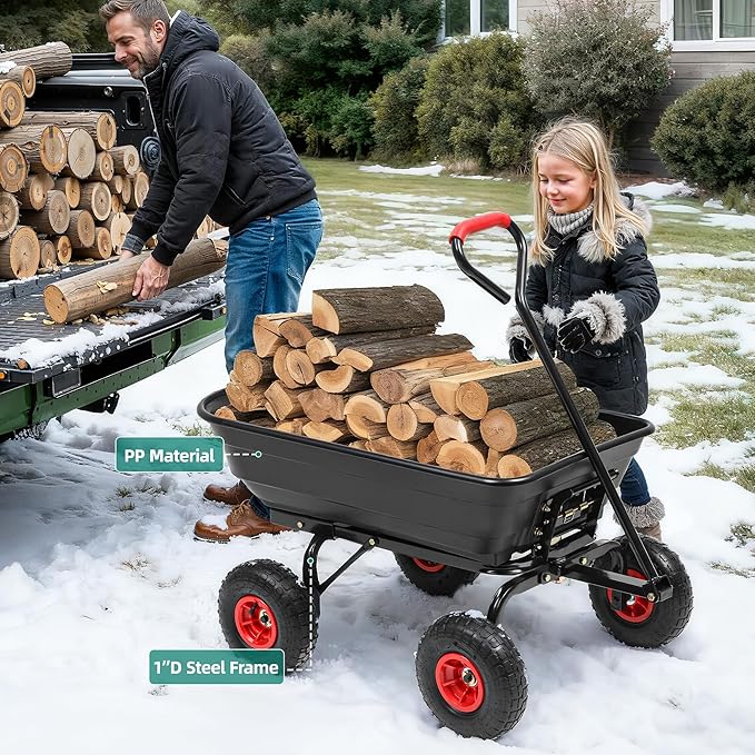 600lb Garden Dump Cart,4 Cu.Ft Utility Wagon Wheelbarrows with Quick-Release System&4 Pneumatic Tires,Heavy Duty Yard Dump Wagon with Steel Frame for Farm, Garden,Christmas Hauling(Black)