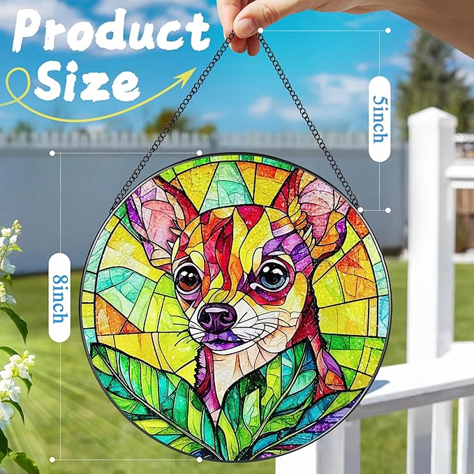 8″ Stained Glass Window Hanging Ornament, Vibrant Chihuahua Stained Glass Suncatcher Ornament, Sun-Catcher Window Decor | Gifts for Dog Lovers, Dog Lover Gift, Pet Lover Gift