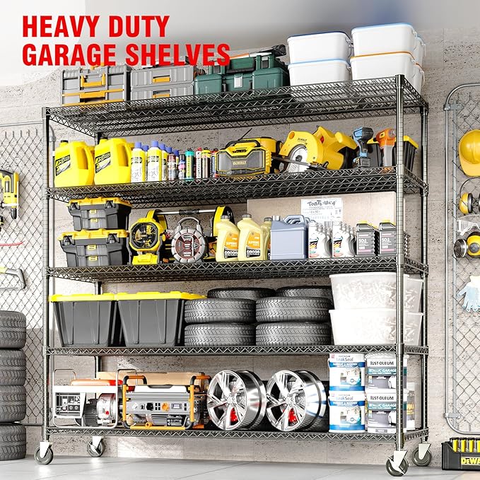 GarveeHome 82"H Storage Shelves with Wheels, 5-Tier Metal Shelving Unit Heavy Duty 3300LBS Load, Adjustable Garage Shelving Wire Rack Shelves, for Pantry Room,Kitchen, Warehouse, Basement,24"D x 59"W