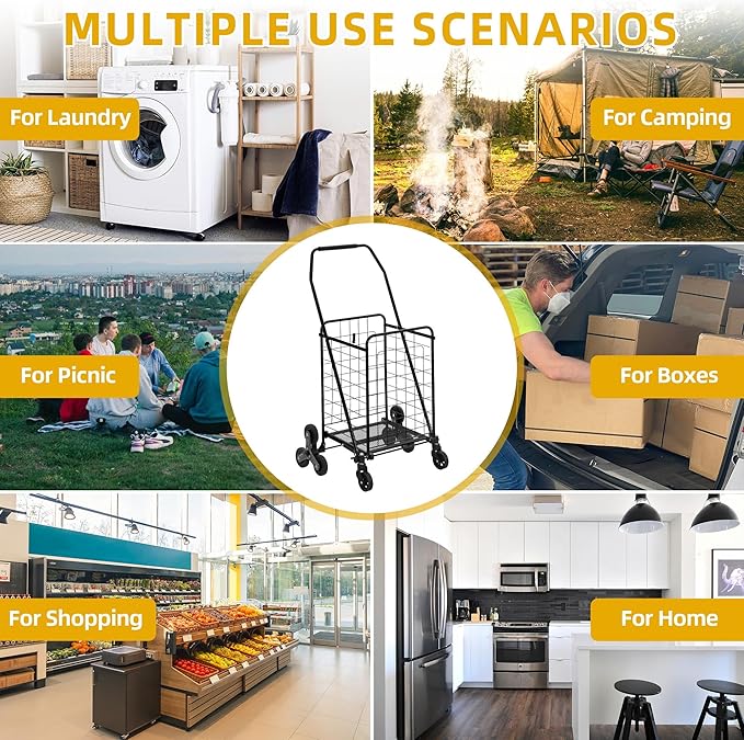 DWVO Folding Stair Climber Shopping Cart, Tri-Wheel Design & 360° Swivel Wheels, Ideal Heavy Duty Utility Cart for Shopping, Laundry, Travel & Stairs for Seniors
