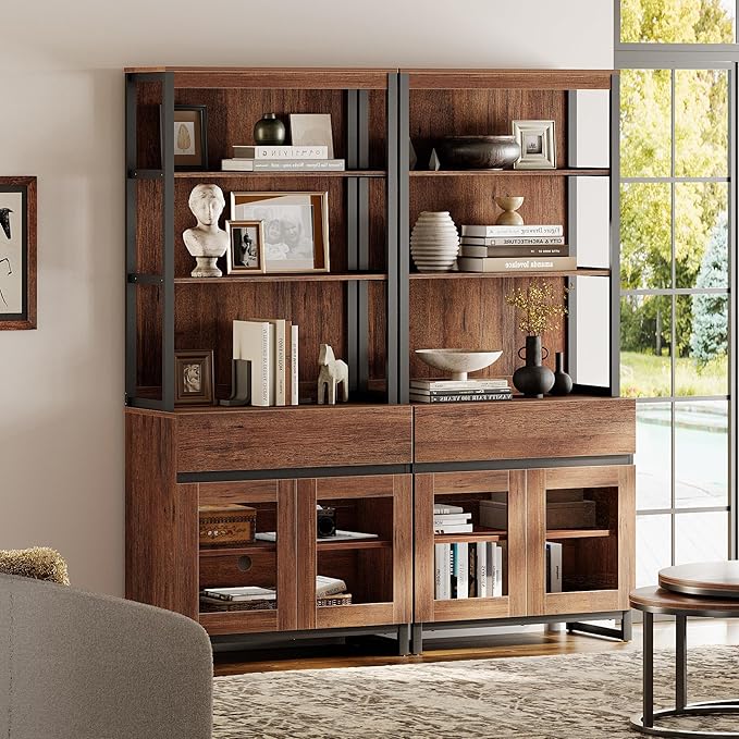 WAMPAT 2 PCS Modern 72" Tall Bookcase with 2 Drawers and Open Book Shelf, Library Book Shelf with Storage Cabinet and Glass Doors, Wood Freestanding Bookshelves for Home Office, Living Room, Brown