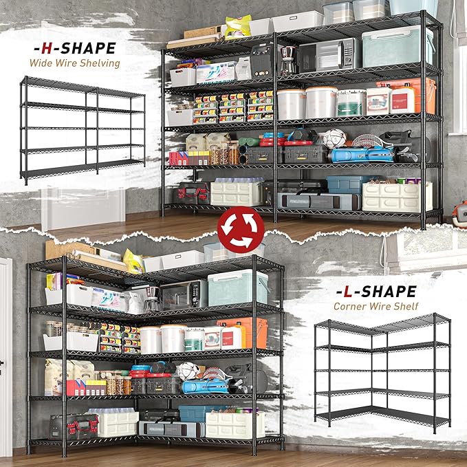 REIBII 73''W Shelf 1650 LBS Storage Shelves 5-Tier Metal Shelving Wire Shelving Unit, Adjustable Heavy Duty Metal Shelves Wire Shelf for Pantry Kitchen Industrial Garage, 17.7" D x 73" W x 71" H