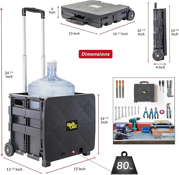 dbest Products Quik Cart Sport Collapsible Rolling Crate on Wheels for Teachers Tote Basket 80 lbs Capacity, Made from Heavy Duty Plastic Used as a Seat, Black, Compact