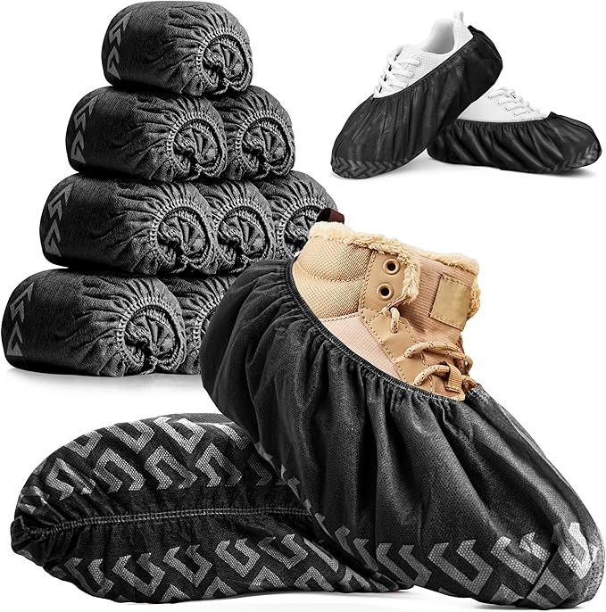 Premium Boot & Shoe Covers Disposable Booties - 100 Pack - Durable, Non-Slip, Non-Toxic, Water Resistant, Recyclable Protectors for Indoor & Outdoor - Large Size Fits Most Shoes