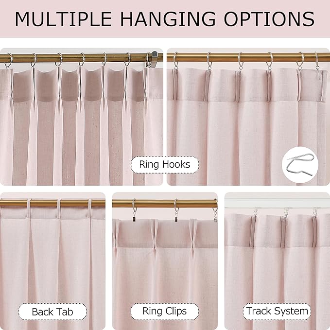 Vision Home Soft Pink Pinch Pleated Semi Sheer Curtains Textured Linen Blended Light Filtering Window Curtains 90 inch for Living Room Bedroom Pinch Pleat Drapes with Hooks 2 Panels 40" Wx90 L