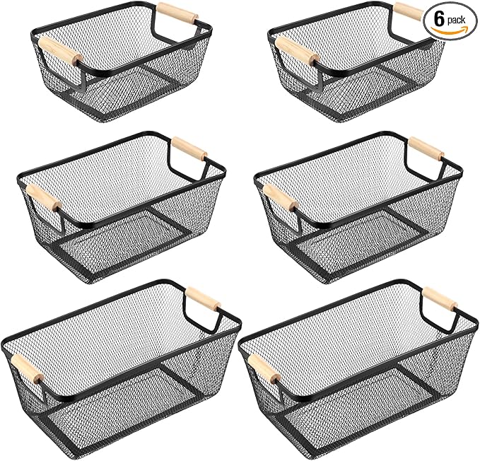 Maxcheck 6 Pack 3 Size Metal Wire Baskets with Wooden Handles Black Steel Mesh Storage Dog Toys Bins Organizer Containers for Home Pet Toys Storage Cabinets Pantry Closet Kitchen Makeup Rectangle