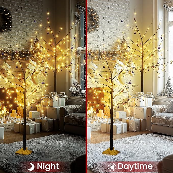 Lamerge Brown Lighted Birch Tree Set of 3, Christmas Decorations Birch Tree with Lights for Home Holiday Party, Indoor/Outdoor 4FT+5FT+6FT, Halloween Decorations