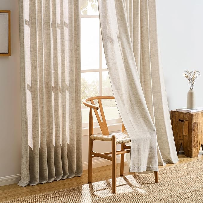 Beige Sheer Pinch Pleated Curtains 105 Inches Long 2 Panels,Back Tab Pleated Drapes Hooks Thick Linen Textured Boho Farmhouse Curtain for Dining Bedroom 70 Inch Wide Each Panel