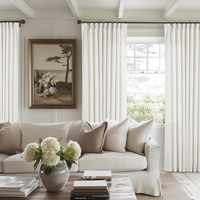 Extra Wide Pinch Pleat Curtains 84 Inches Long for Patio Sliding Glass Door Ivory Linen 60 Inch Wide Curtain Memory Trained Pleated Drapes with Hooks Rings Semi Sheer 60x84 Curtain for Large Window