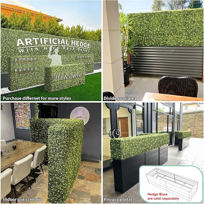 SunnyRoyal 198" Wx54 Hx12 D Artificial Boxwood Hedge Wall for Indoor and Outdoor Lifelike Greenery Privacy Fence for Patio Balcony Office Garden Party(Green with White Flower)