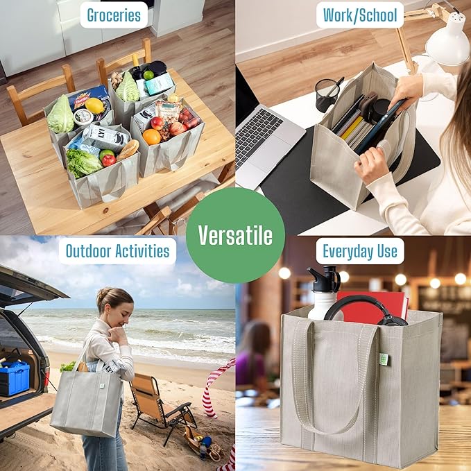 VENO 2-4 Pack Reusable Grocery shopping Bags, Small Tote Bag w/Handle Hard Bottom, Heavy Duty, Foldable Carrier