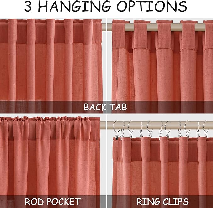 Coral Semi Sheer Linen Blend Curtains 120 Inches Long 2 Panels Set Back Tab Loop Pocket Light Filtering Boho Large Window Decor Extra Long Drapes for High Ceiling Living Room 52x120