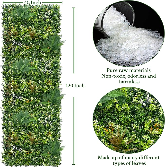 Artificial Grass Boxwood Hedges Wall Panels: 40" x 120" (33.5 sqft) UV-Anti Faux Greenery Fake Ivy Leaves Privacy Fence Screen Backdrop for Garden Covering Privacy, Outdoor Indoor Decor