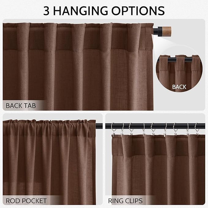 Nanspring Mocha Brown Linen Curtains 84 Inches Long for Living Room Back Tab Luxury Light Filtering Privacy Semi Sheer Curtain Farmhouse Decor Boho Textured Drapes for Bedroom 52x84 Inch,2 Panels