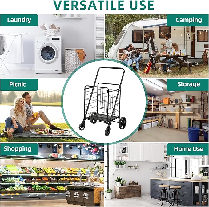 YITAHOME Folding Shopping Cart with Wheels, Large Rolling Grocery Cart, Reinforced Mesh Bottom, Foldable Utility Cart for Groceries, Laundry & Storage (Portable, Collapsible, Sturdy)