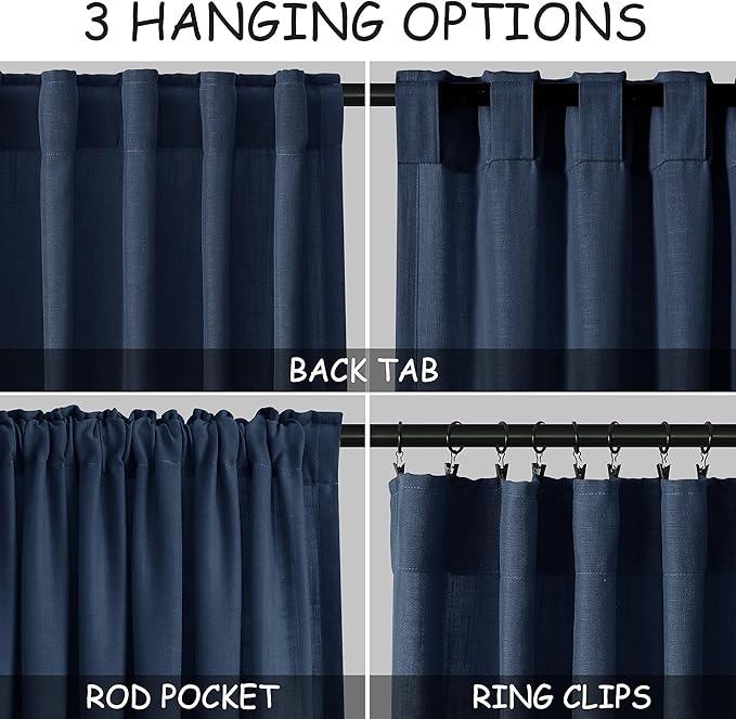 Nanspring Denim Blue Linen Curtains 96 Inches Long 2 Panels Set for Living Room Rod Pocket Back Tab Semi Sheer Light Filtering Protect Privacy Denim Blue Curtain for Bedroom Floor Length 52x96