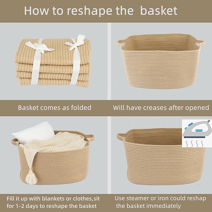Large Rectangle Blankets Basket Living Room 22"x17"x12" Woven Jute Rope Storage Baskets for Nursery Toy Baskets for Kids and Dogs Wicker Laundry Basket Bin for Clothes Towels