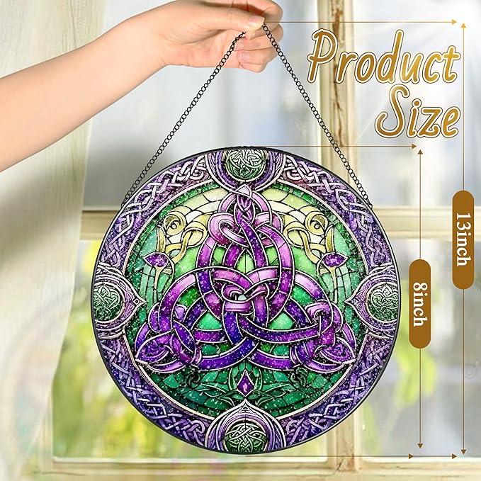 Stained Glass Window Hanging, LAOWEIKI 8'' Celtic Knot Suncatcher, Stained Glass Ornament, Suncatchers for Windows Hanging, Window Decor, Outdoor or Indoor, Gifts for Friends, Women, Art Lover