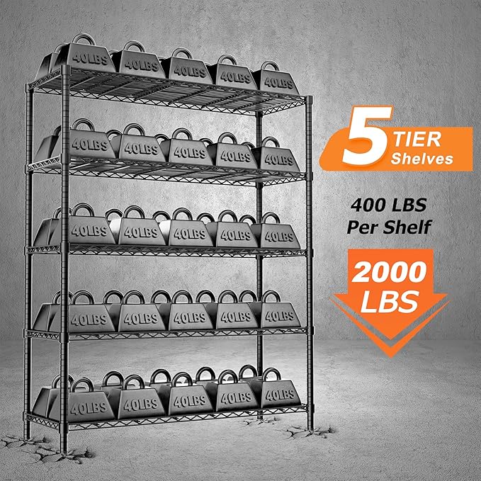 Storage Shelves Heavy Duty, 4 PCS 48" L x 20" W x 72" H Garage Wire Shelving Unit Loads 2000LBS, 5-Tier Adjustable Metal Industrial Utility Shelf Rack for Kitchen, Laundry Room, Warehouse, Basement