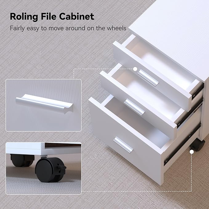 3 Drawer Mobile File Cabinet on Wheels,White fully assembled Rolling Storage Organizer for Letter/A4 Files, Ideal for Office, Home, Classroom Organization,Printer Stand,19" L x 16" W x 22" H