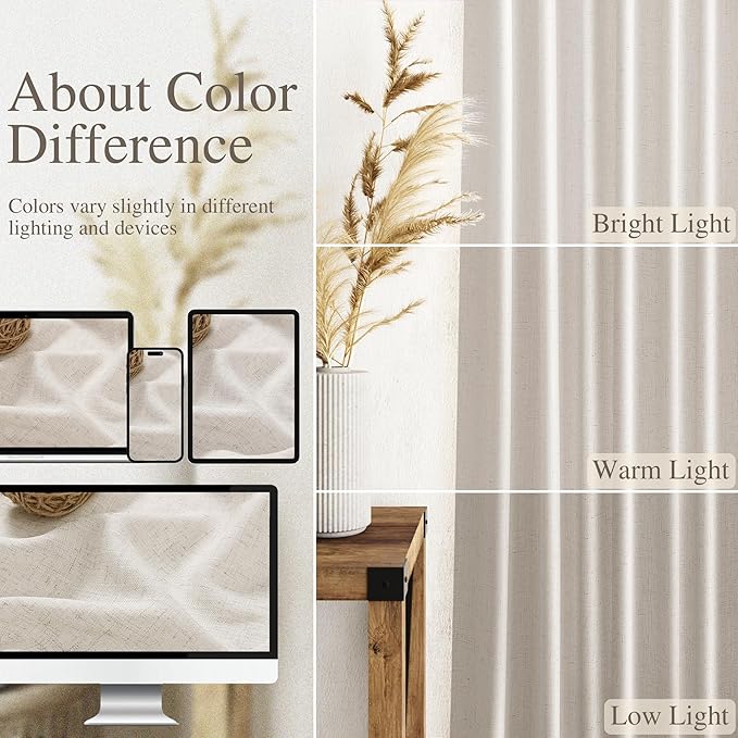 Nanspring Pearl White 102 Inch Long Curtains for Living Room Linen Light Filtering Semi Sheer Curtain Back Tab Coastal Decor Floor to Ceiling Modern Drapes for Bedroom Office 52x102, 2 Panels