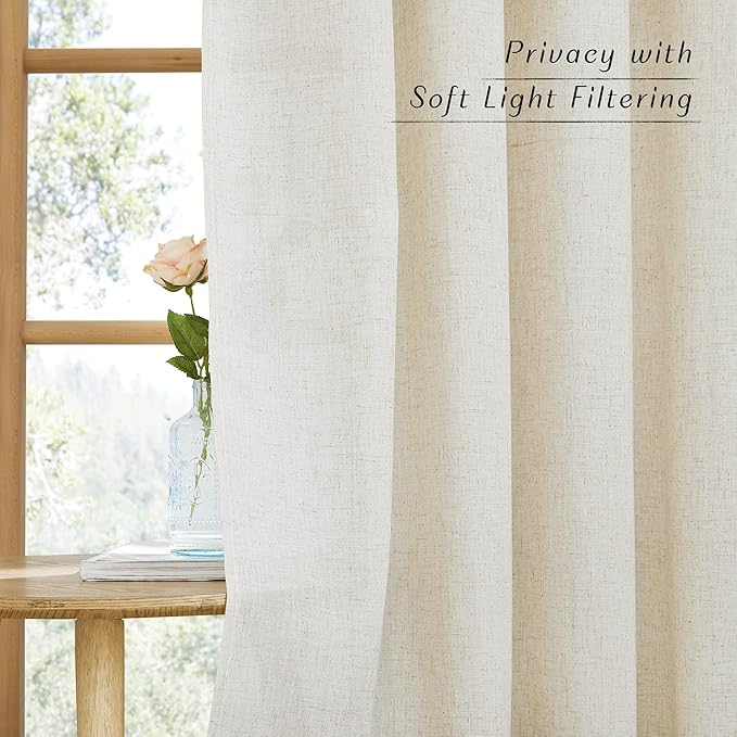 NICETOWN Natural Linen 132 inch Semi Sheer Curtains, Back Tab & Rod Pocket with Pleat Tab Privacy Added with Light Filtering Window Treatments for Living Room, W52 x L132, 2 Panels