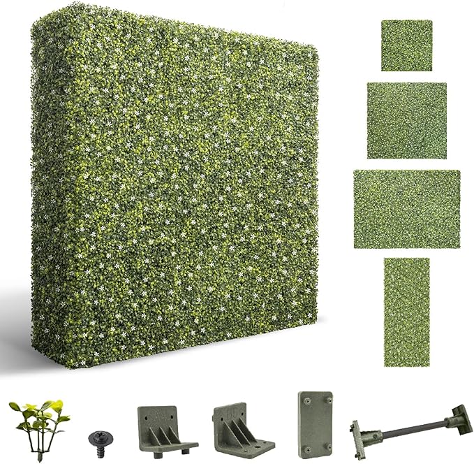 SunnyRoyal 162" Wx36 Hx12 D Artificial Boxwood Hedge Wall for Indoor and Outdoor Lifelike Greenery Privacy Fence for Patio Balcony Office Garden Party(Green with White Flower)