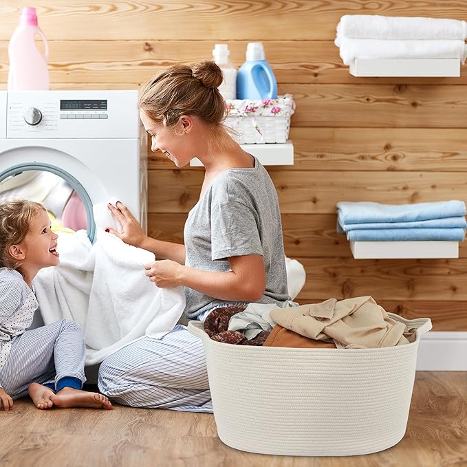 Large Rectangle Blankets Basket Living Room 22"x17"x12" Woven Cotton Rope Storage Baskets for Nursery Toy Baskets for Kids and Dogs Wicker Laundry Basket Bin for Clothes Towels white