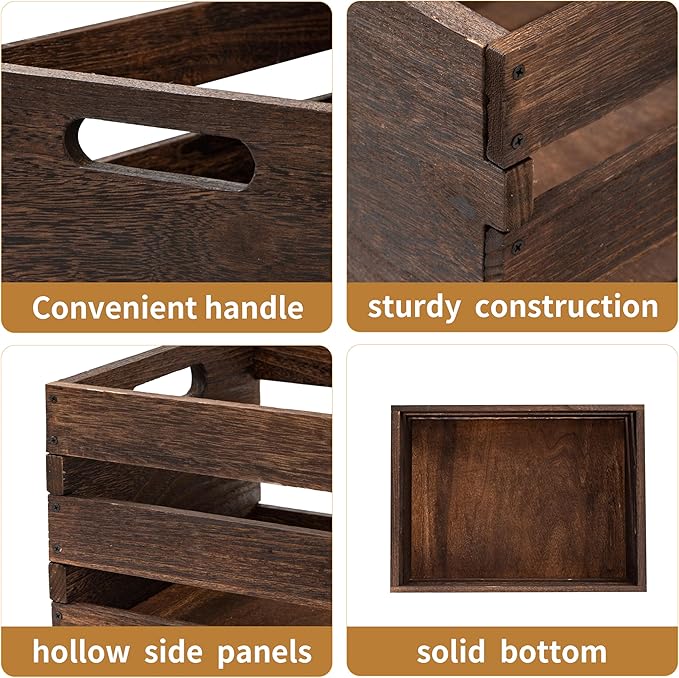 Rustic Vintage Brown Wooden Storage Crates Set, 2 Pack , 16.5 X 12 X 8.3''wood crate box，Handmade Farmhouse Decorative Crate with Handles for Books, Clothes Storage & Display