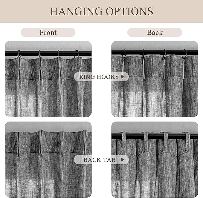 MYSKY HOME Living Room Curtains Dark Grey Semi Sheer Light Filtering Privacy Drapes Linen Look Textured Farmhouse Style, Pinch Pleated Curtain for Sliding Glass Door, 40" x 102", Dark Grey, 2 Panels