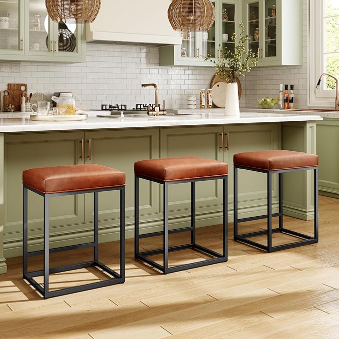 MAISON ARTS Counter Height 24 Inch Bar Stools Set of 4 for Kitchen Counter Backless Modern Barstools Industrial Upholstered Faux Leather Stools Farmhouse Island Chairs, Brown