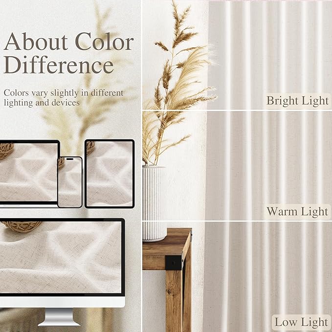 Beige Linen Curtains 108 Inches Long 2 Panels Set for Living Room Back Tab Pocket Semi Sheer Modern Minimalist Extra Long Curtain Linen Blend Light Filtering Ceiling Drapes for Large Window 40x108