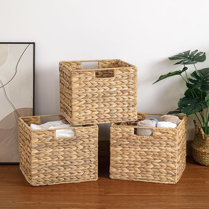 12X12X10in Water Hyacinth Storage Baskets, Wicker Storage Cubes Set of 3, Kitchen Baskets for Pantry Organization, Foldable Square Baskets for Shelves