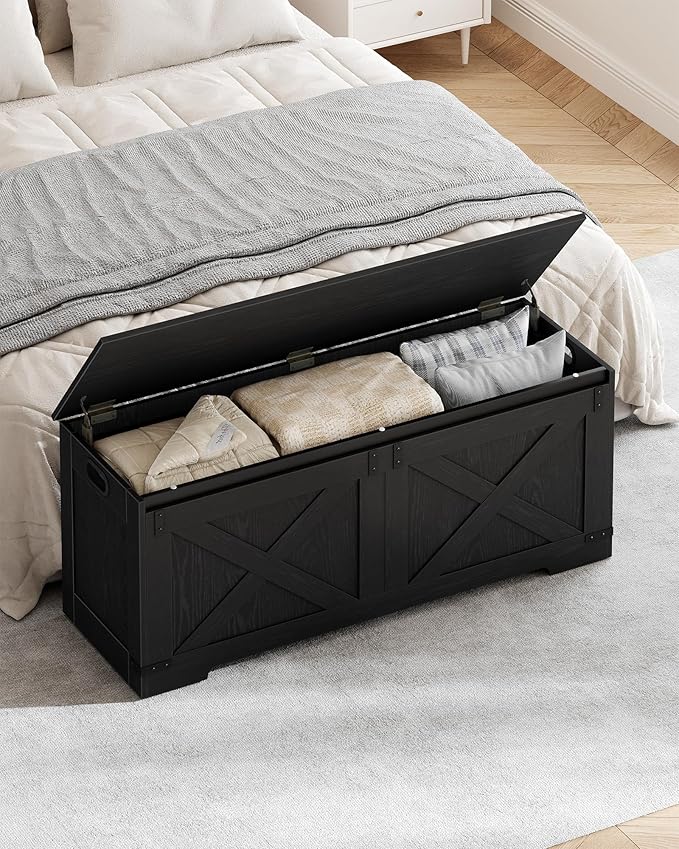 47.2" Storage Chest, Large Storage Trunk with 2 Hinges, Farmhouse Wooden Box Bench, Lift-Top Organizer Chest, Entryway Trunk for Bedroom, Living Room, Black SB12104X