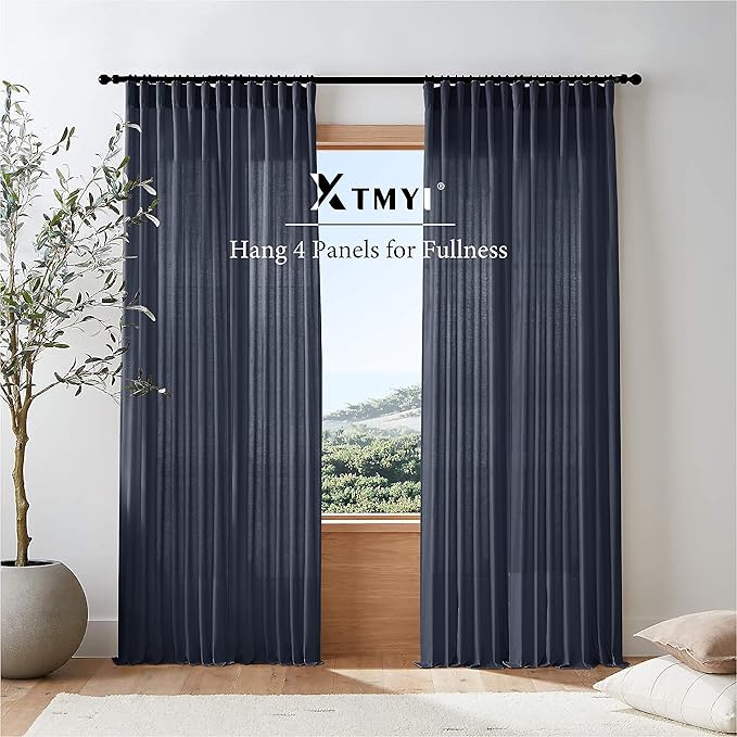 XTMYI Navy Blue Curtains 96 Inches Long,Linen Semi Sheer Gaming Gamer Curtains for Boys Room Men Bedroom Man Cave Office,96in Length 2 Panels Set,Dark Ocean