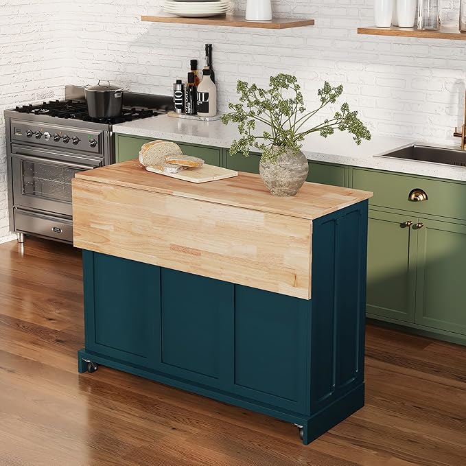 HLR Kitchen Island Cart with Storage, Carved Doors Modern Rolling Islands with Drop Leaf, Sideboard Buffet Cabinet on Wheels, Prep Table for Kitchen, Dining Room (Green)