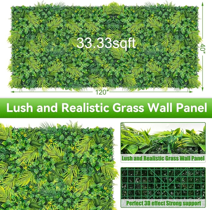 Artificial Plant Wall Roll Panels, 40"x120"(33.33 SQFT) Faux Grass Backdrop with UV Resistant Fern Leaves, Green Wall Decor for Outdoor Indoor Patio Garden Backyard