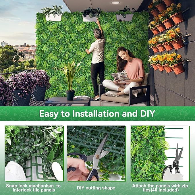 Artificial Plant Wall Panels, 20"x20" 8PCS Faux Grass Backdrop with UV Resistant Fern Leaves, Green Wall Decor for Outdoor Indoor Patio Garden Backyard