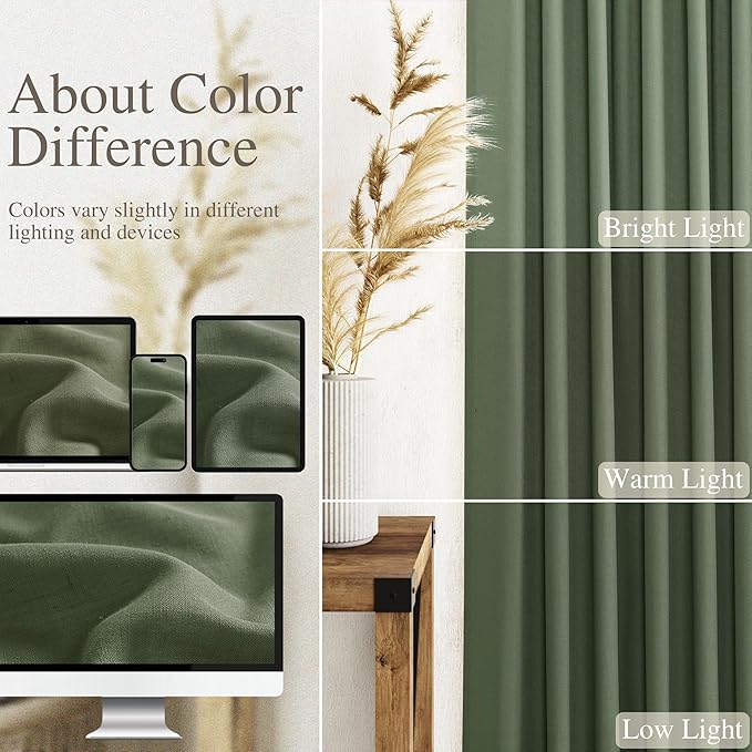 Nanspring Olive Green Linen Curtains for Living Room 2 Panels Set 100 Inch Length Back Tab Light Filtering Semi Sheer Curtain Drapes for Bedroom 52x100