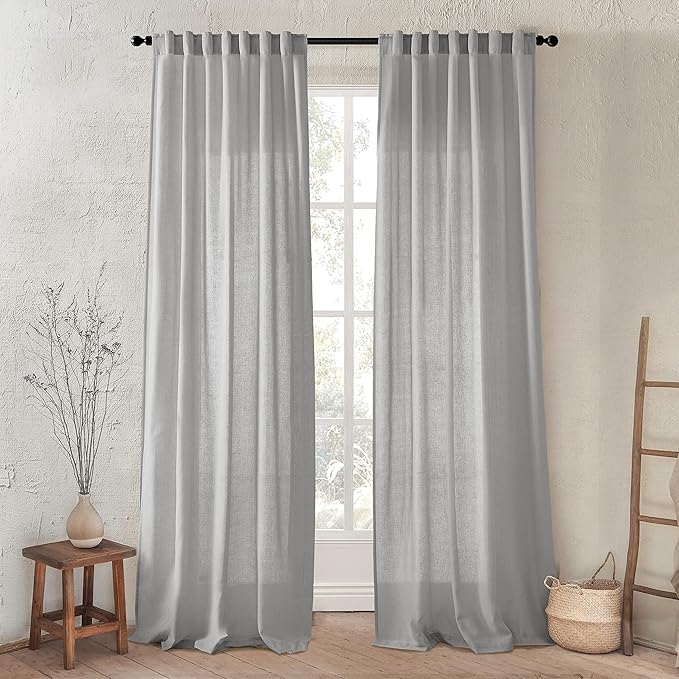 XTMYI Gray Curtains 96 Inches Long,Sheer Linen Back Tab Hooks Pleat Light Weight Modern Stylish Curtains for Living Room 96 Inch Length 2 Panel Set,Grey