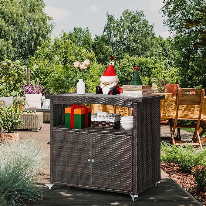 Outdoor Storage Cabinet,Outdoor Cabinet for Patio Bar Cart with Rolling Wheels Patio Bar Table with Storage Wicker Buffet Cabinets prep Table Kitchen Serving Cart with Door,Shelves,Handle Brown