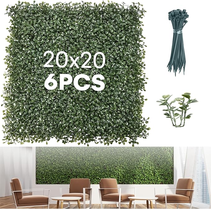 Grass Wall Panels 20″ × 20″ (6 Pack) – UV-Protected Artificial Boxwood Hedge Greenery Backdrop Covers 16.66 sq ft, Indoor/Outdoor Privacy Fence Screen, Zip Ties & Spare Leaves Included