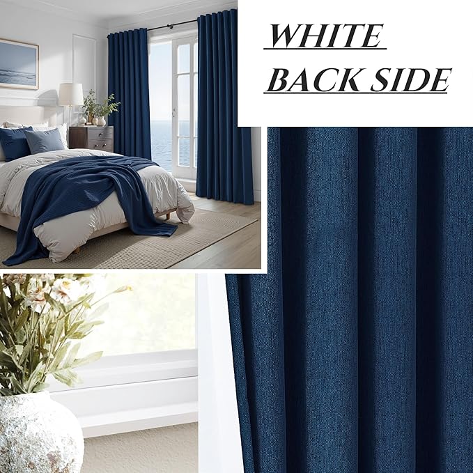 Navy Blue Blackout Curtains 96 Inch Length for Kids/Boys Rooms/Bedroom, Floor to Ceiling Track Pleated Drapes with Hooks Linen Thermal Coastal Curtain Dark Blue Window Burg 50"Wx96"Lx 2Panels Back Tab