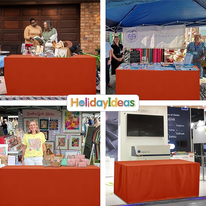 HolidayIdeas 4 Pack Fitted Tablecloth for 8ft Tables, Rust Table Cover for Christmas Vendor Booth Display, Market Stall, Craft Fair, Fall Festival, Wrinkle Resistant with Professional 4-Sided Coverage